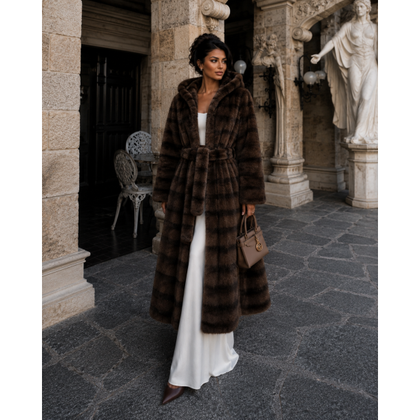 FAUX FUR COAT QD16103-BROWN