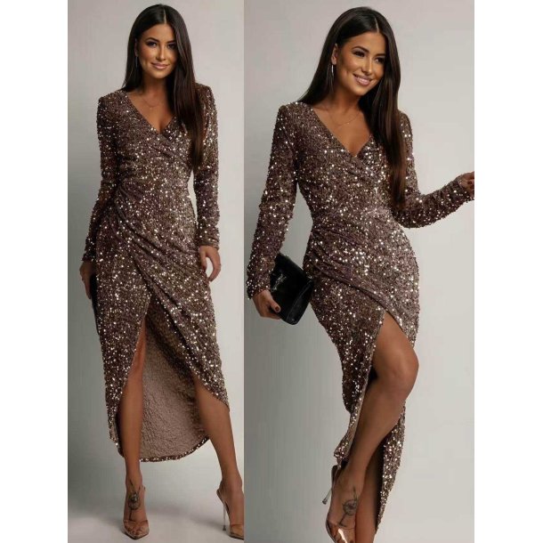 LONG SEQUIN DRESS 2821B-BROWN